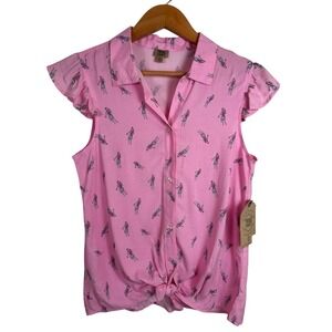 True Craft Girls XL Pink Hula Girl Print Tie Front Ruffle Sleeve Shirt - NEW‎